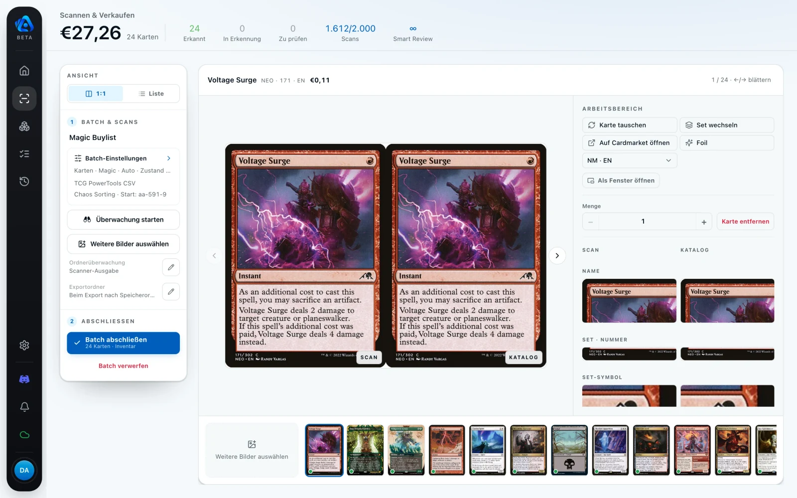 TCG Actana Desktop-Scanner in der 1:1-Ansicht: Scan und Katalogbild nebeneinander, darunter der Kartenstreifen