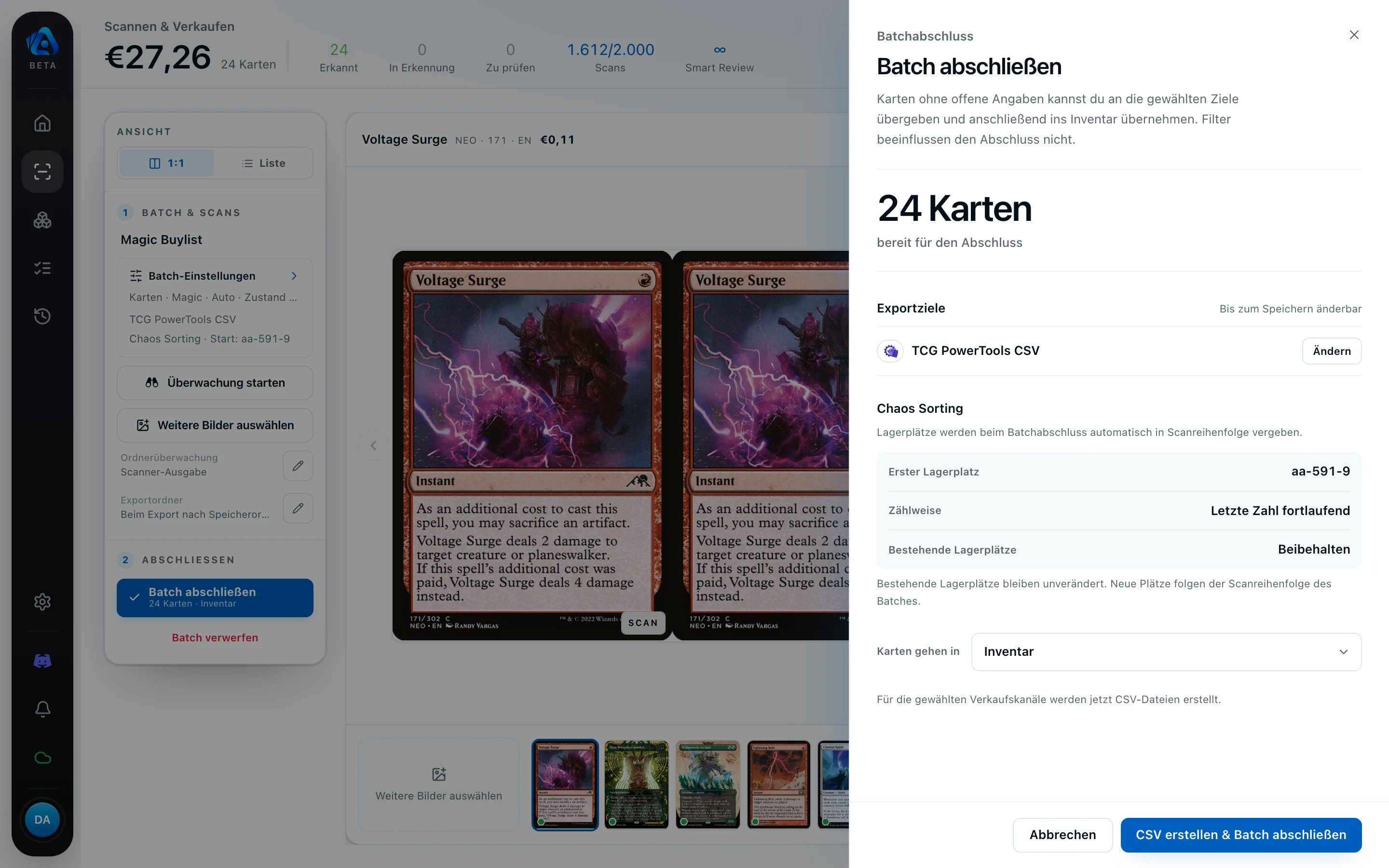 Export-Dialog der Desktop-App mit Zielformat, Magic-ID-Spalte und der Vergabe von Lagerplätzen