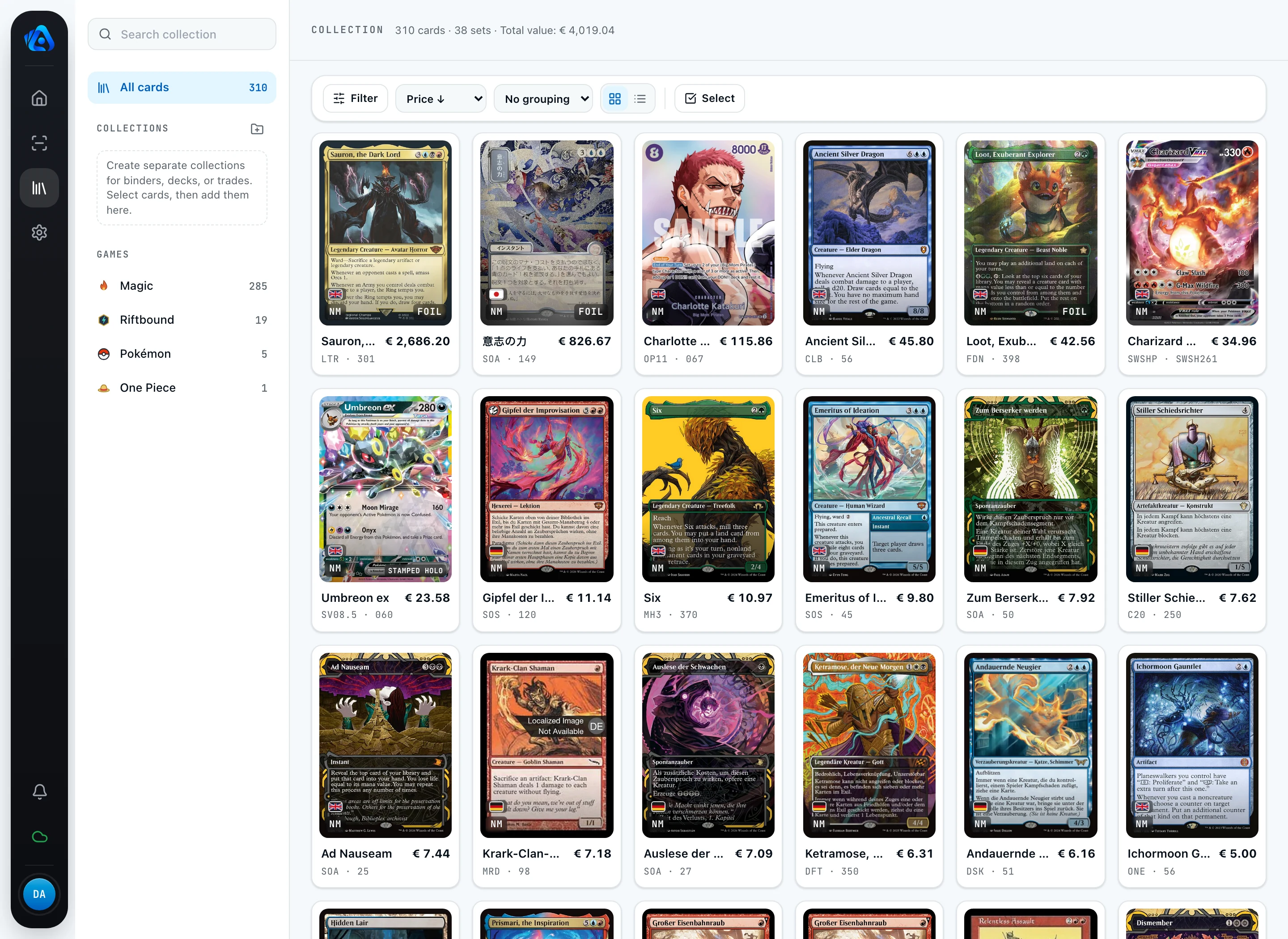 Collection view of the TCG Actana desktop app with a card list and market values