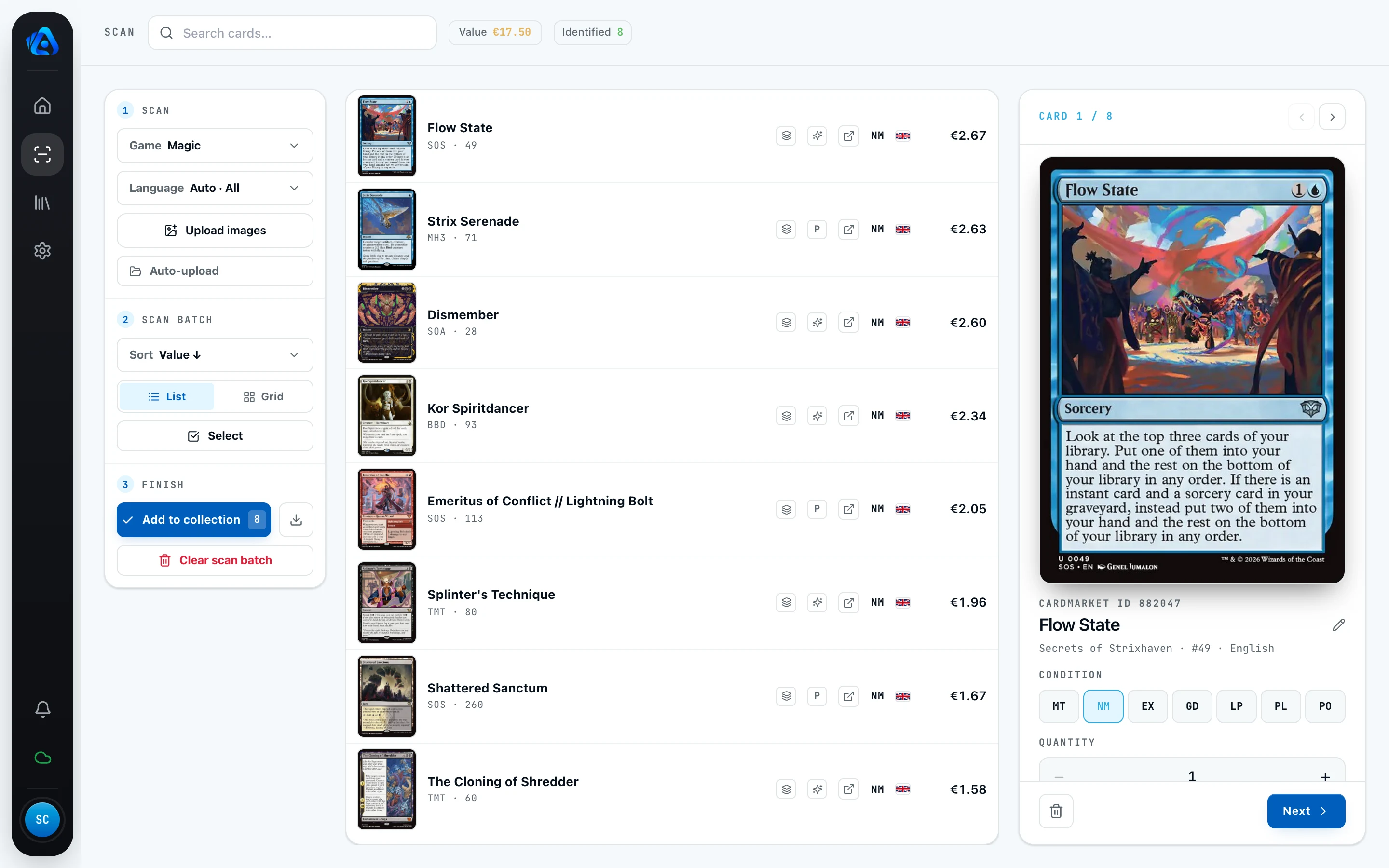 Scan view of the TCG Actana desktop app with a batch of recognized cards