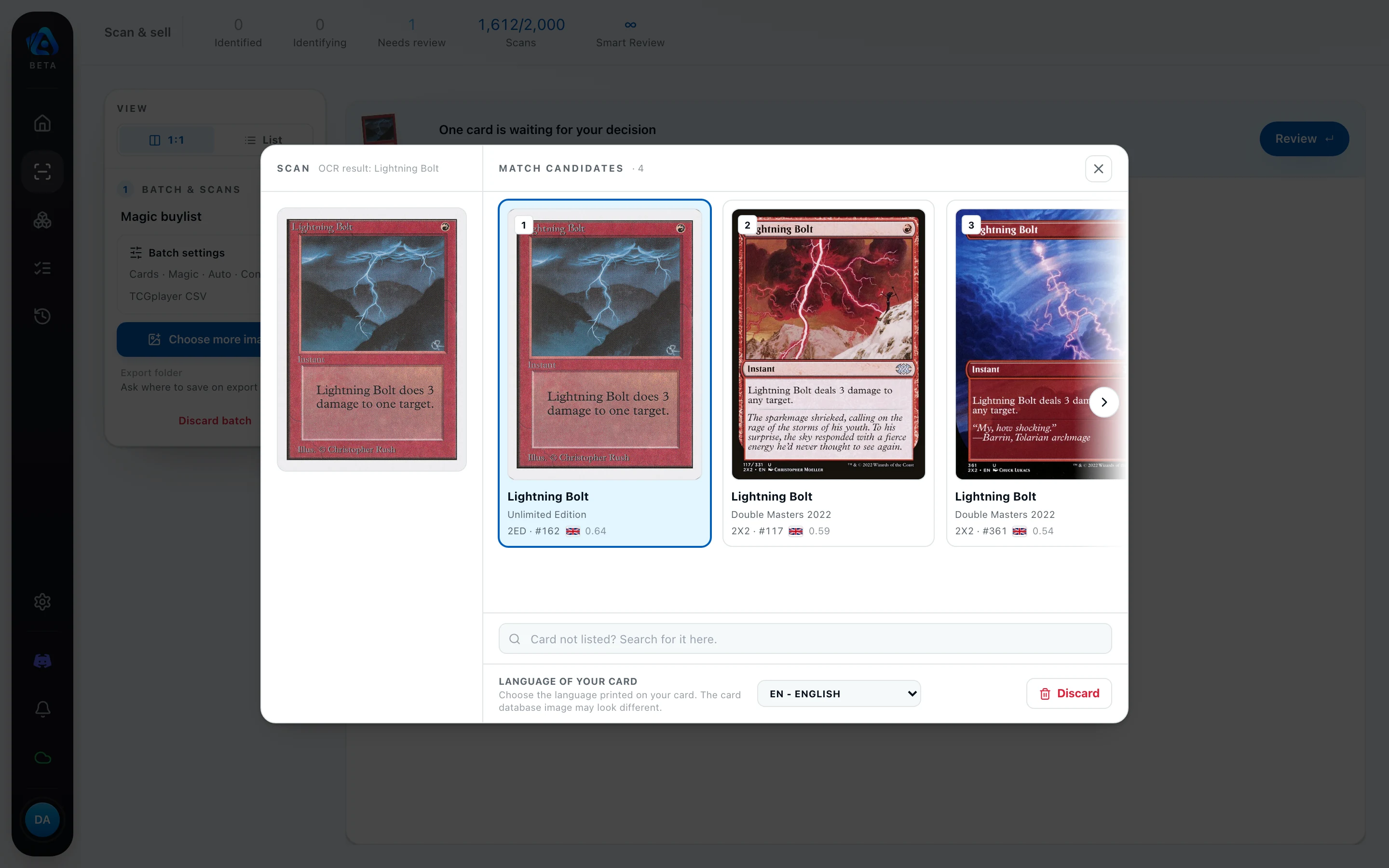Printing picker in the desktop app: the scan on the left, several printings of the same card to choose from on the right